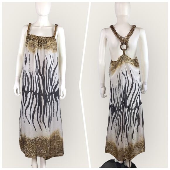 Lumiere Boho Silk Maxi Dress Animal Print Wooden Beaded White & Brown - Picture 1 of 8